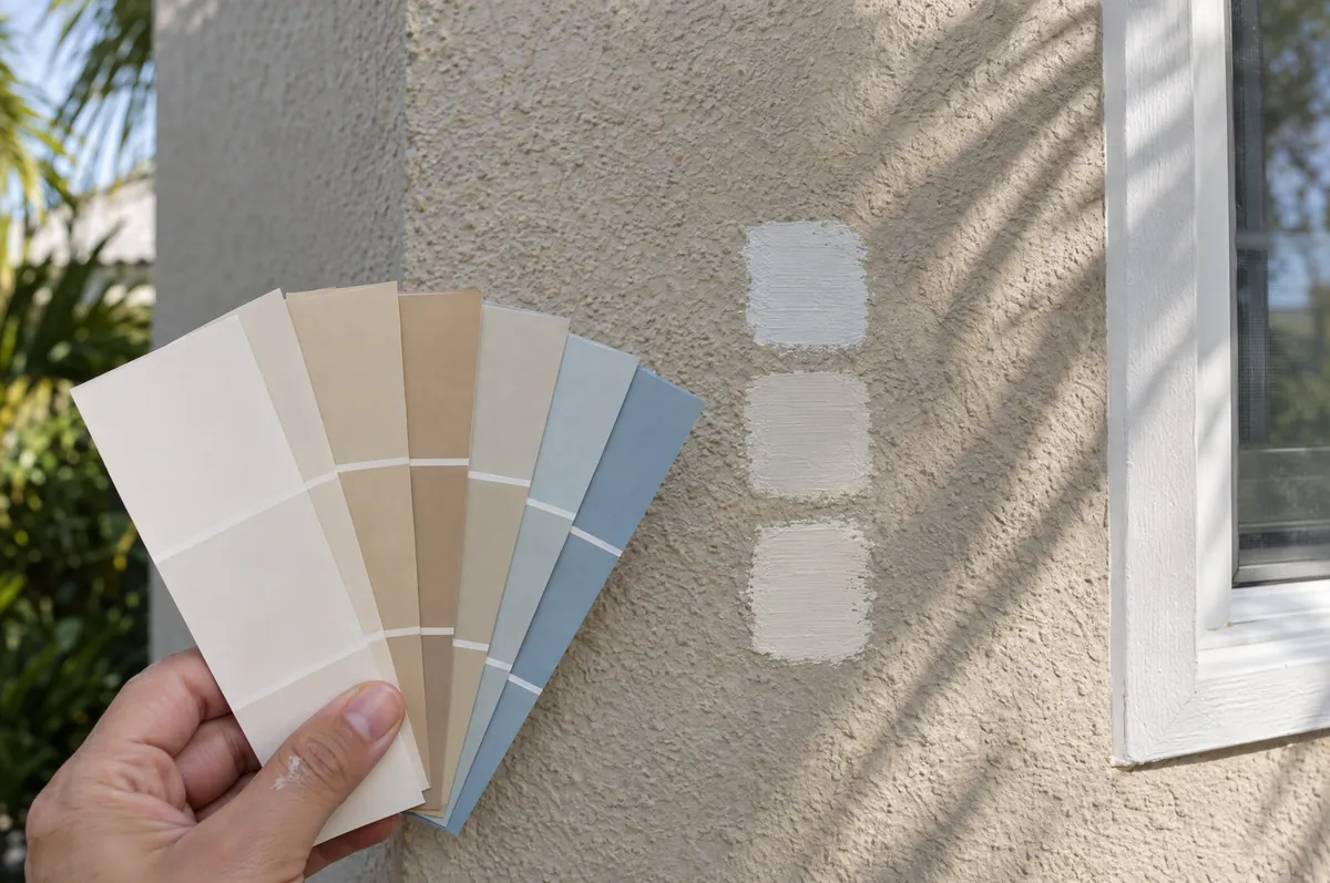 Paint color cards held against a stucco wall next to painted test squares