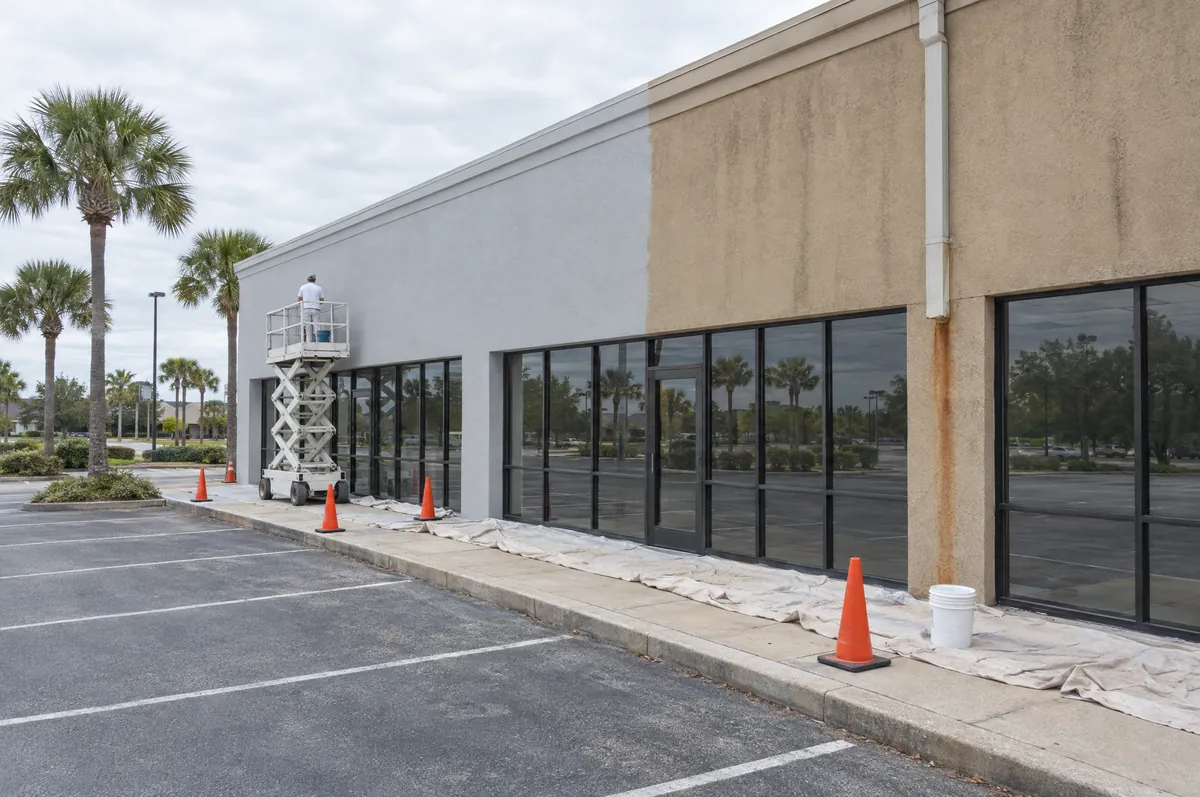 A small commercial building half repainted, with a lift and safety cones