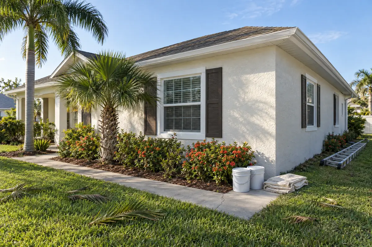A freshly painted white stucco home with dark shutters and palm trees