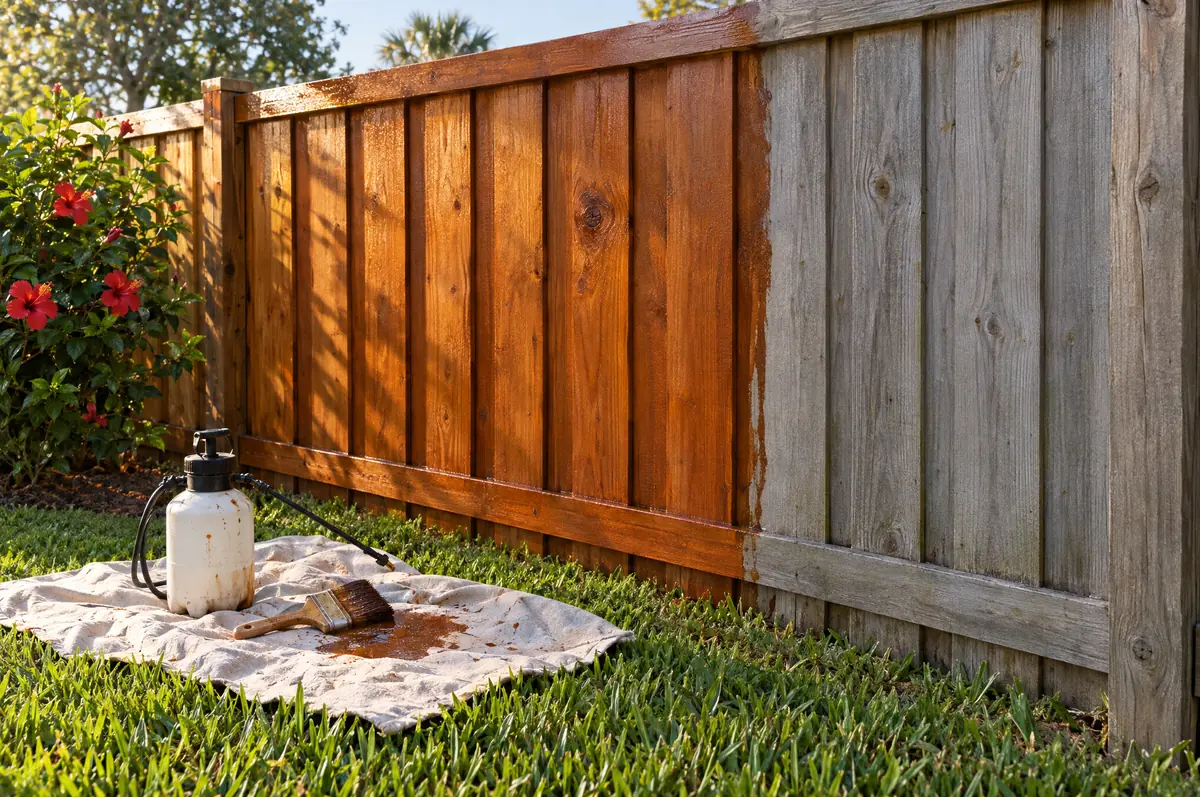 A wood privacy fence half stained in a cedar tone next to a pump sprayer