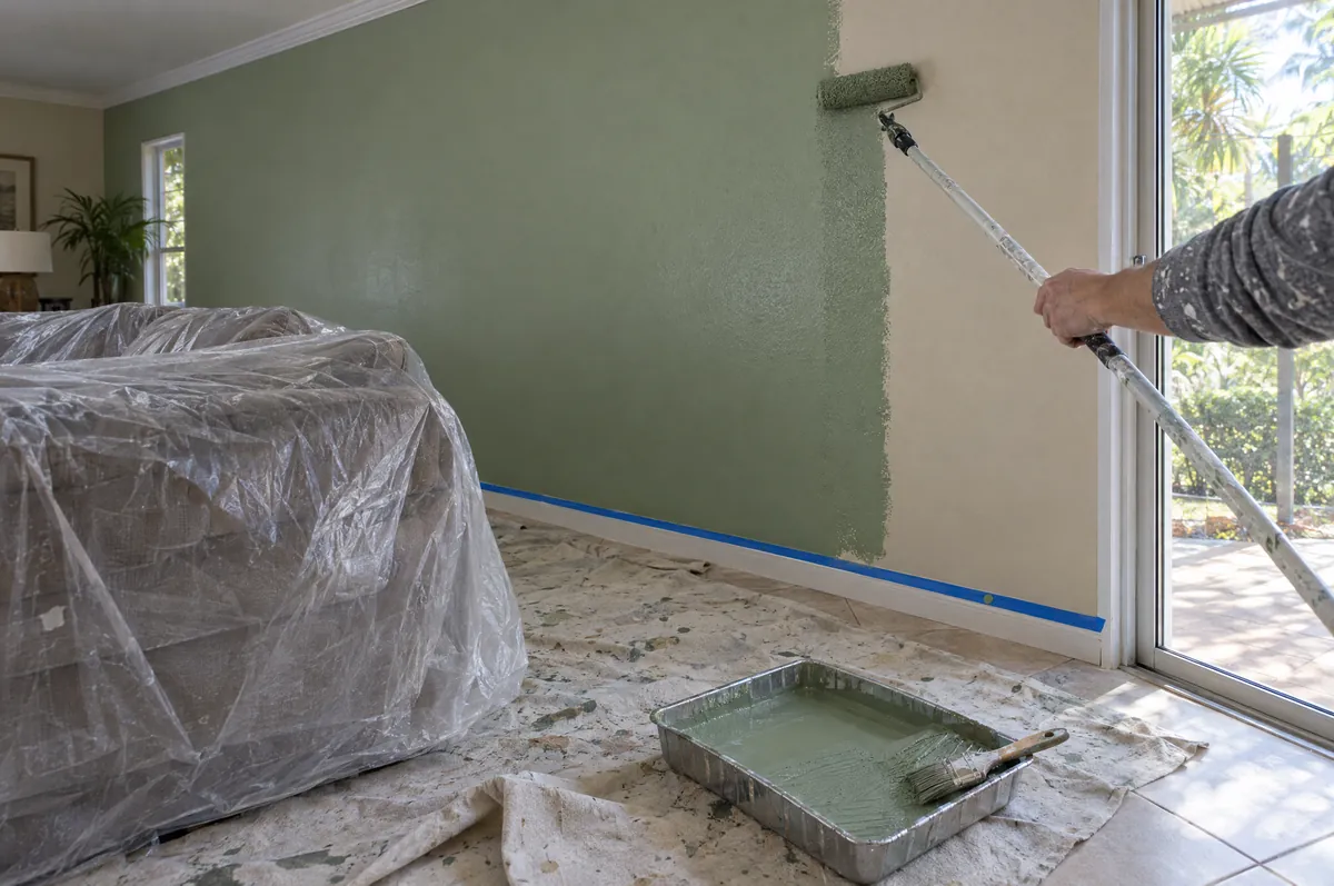 A painter rolling sage green paint on a living room wall over drop cloths