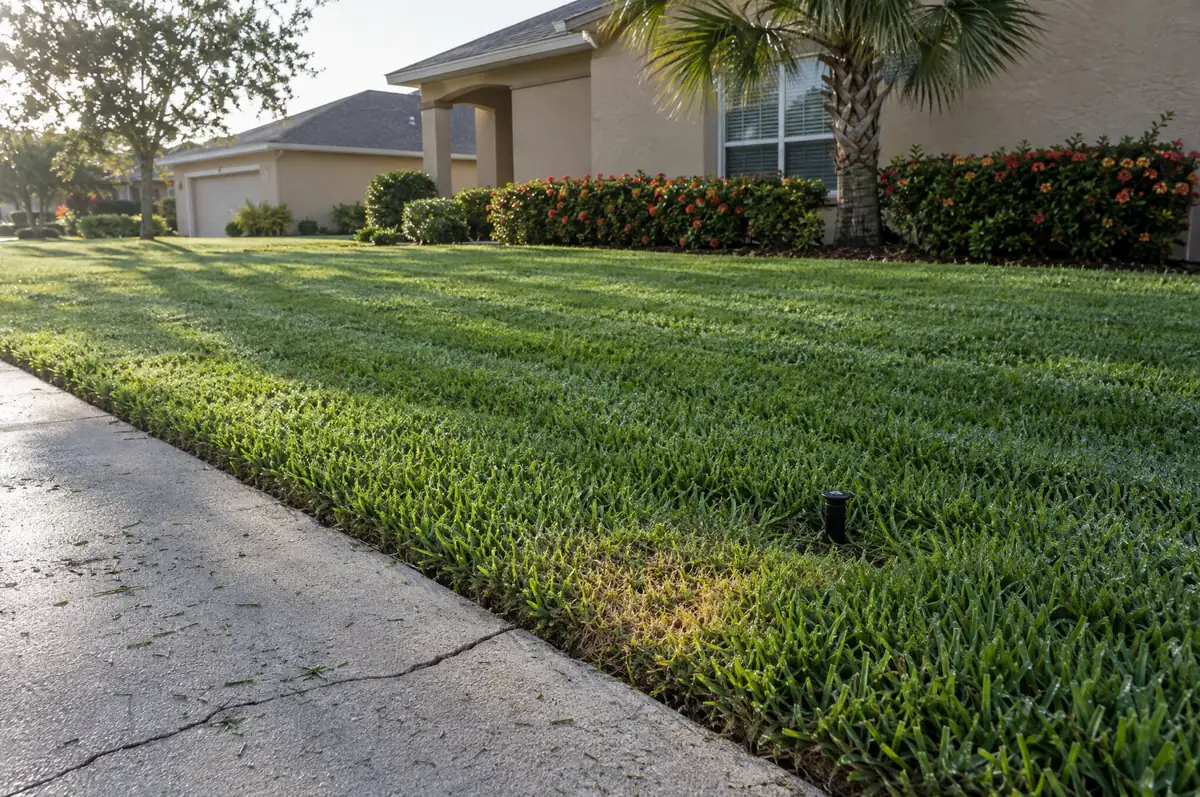 A freshly mowed St. Augustine lawn with a clean sidewalk edge