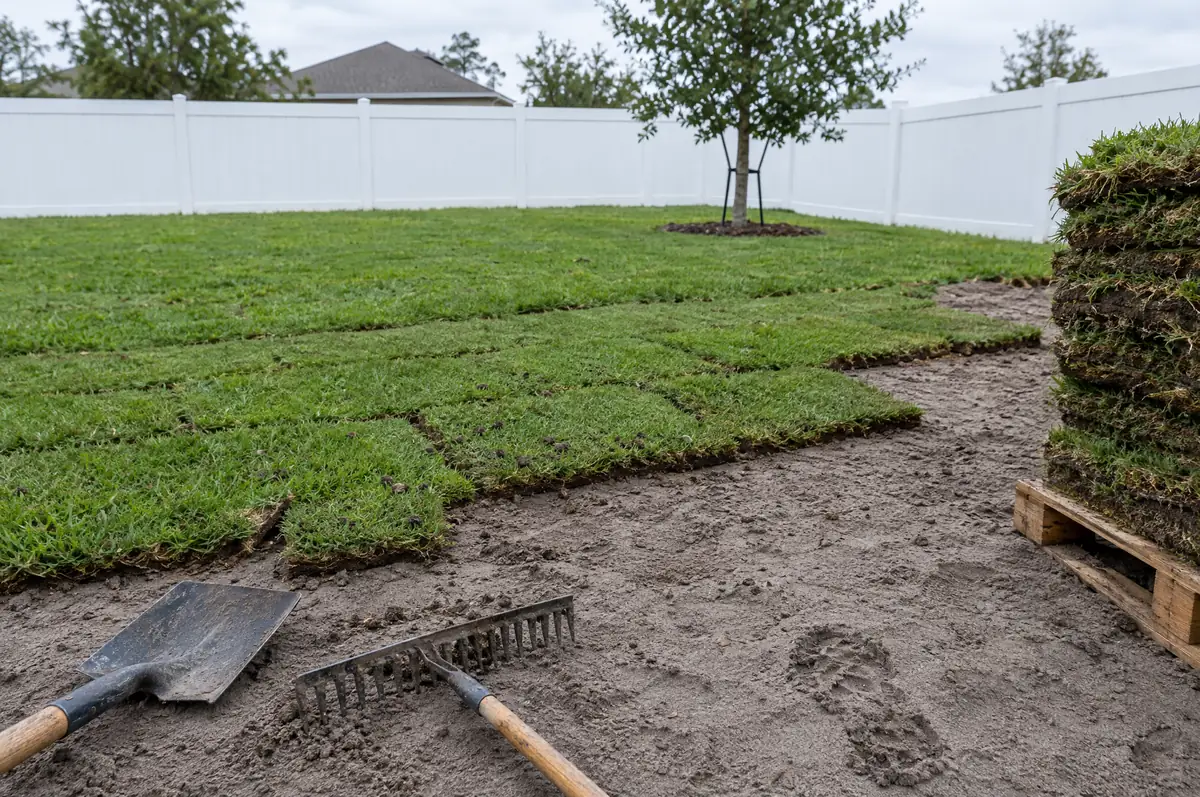 New St. Augustine sod being laid next to a pallet of sod
